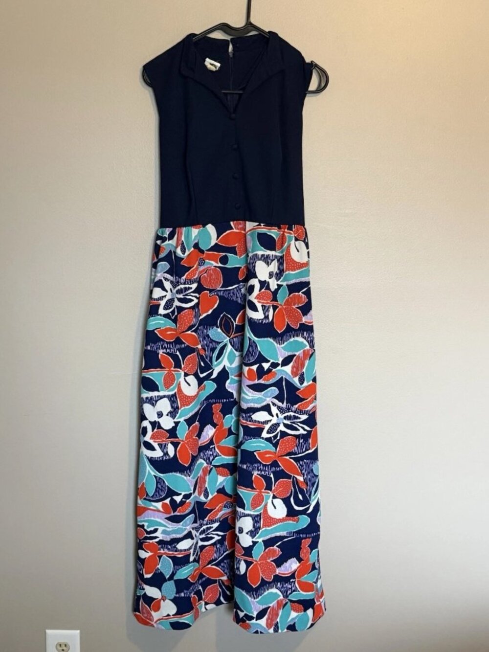 VTG Puritan Forever Young Maxi Dress Navy Blue/Vibrant Abstract Floral S/M 1970s
